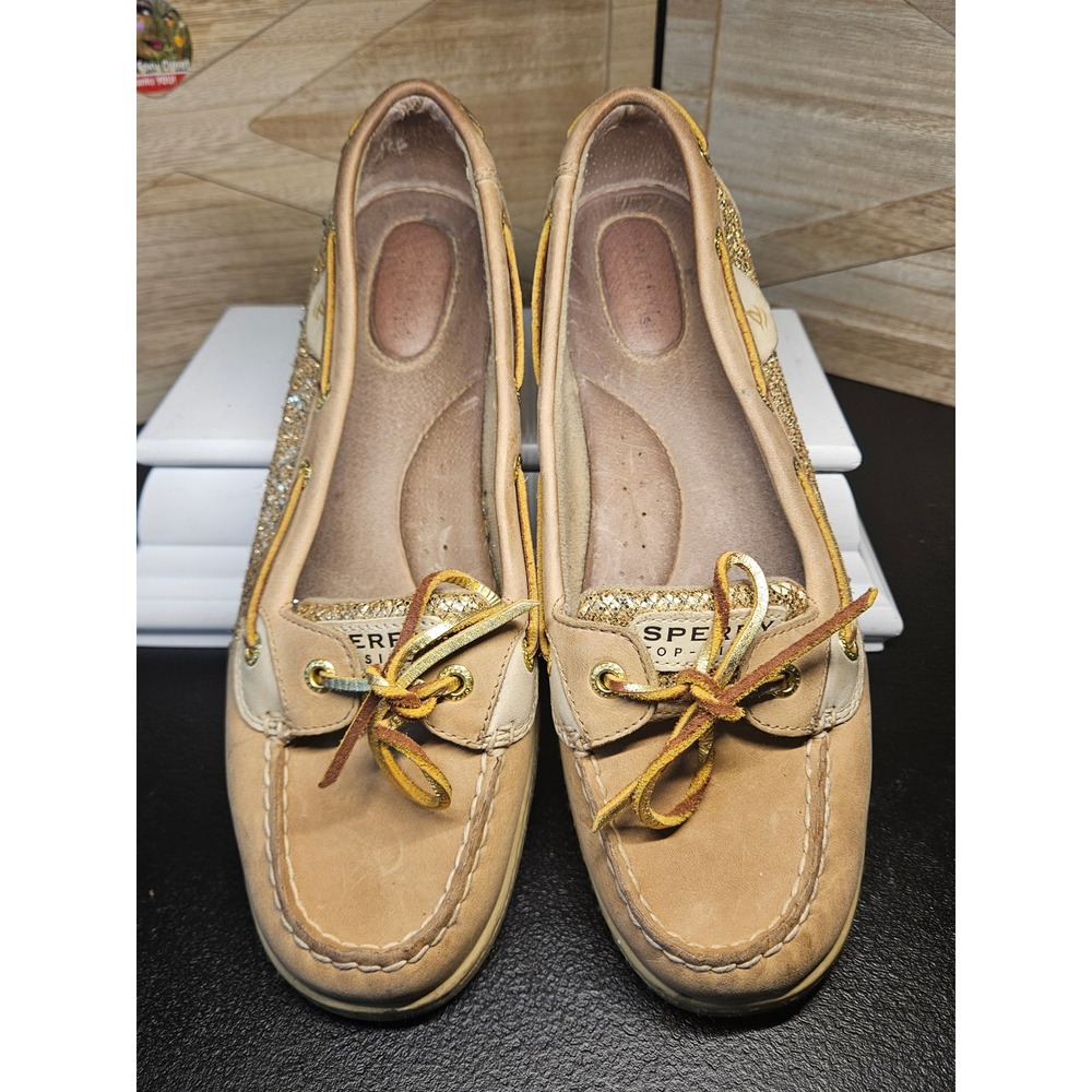 Sperry Boat Shoe Women 9.5M Beige Angelfish Gold Glitter Preppy Loafer #672